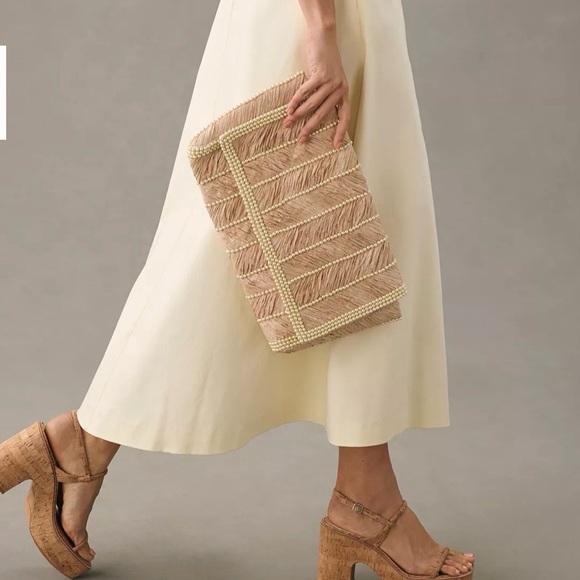 Anthropologie Handbags - Anthropologie Rafia- Pearl Embellished Clutch